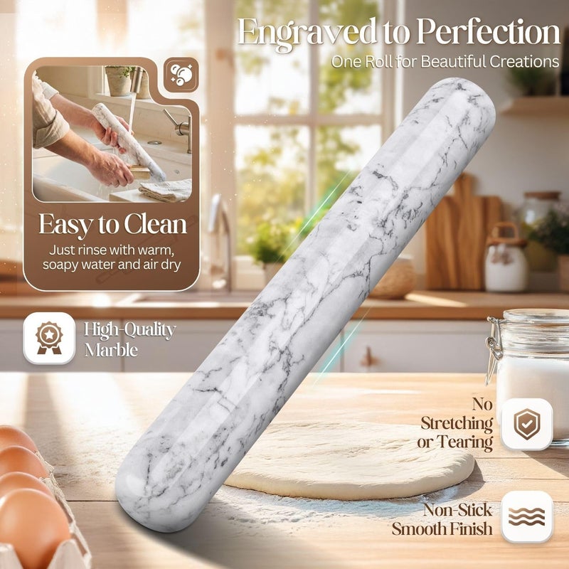 Flexzion French Rolling Pin, 12 Inch White Marble Rolling Pins for Baking with Wooden Base Holder Stand - Non-Stick Baking Roller for Baking Fondant, Crust, Pastry, Cookies, Pizza, Pasta - Image 3